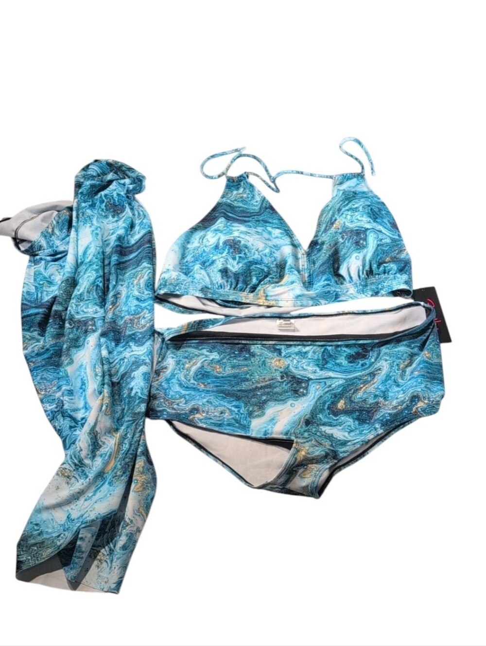 Hanna Nikole Halter Bikini Swimsuit with Sarong Blue, Gold, White Size 20W